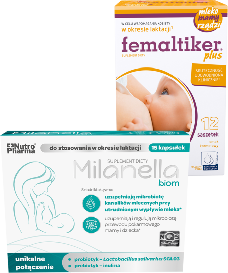 suplementy dla karmiących mam - Milanella biom oraz Femaltiker karmelowy